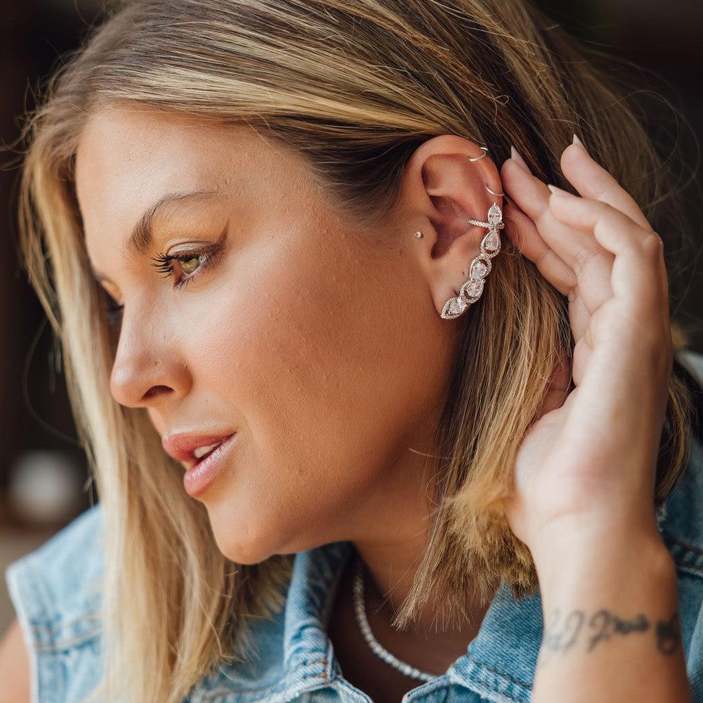 Brinco Ear Cuff com Piercing Gotinhas Cravado em Volta - Semijoia - Semijoias Brincos - Purer