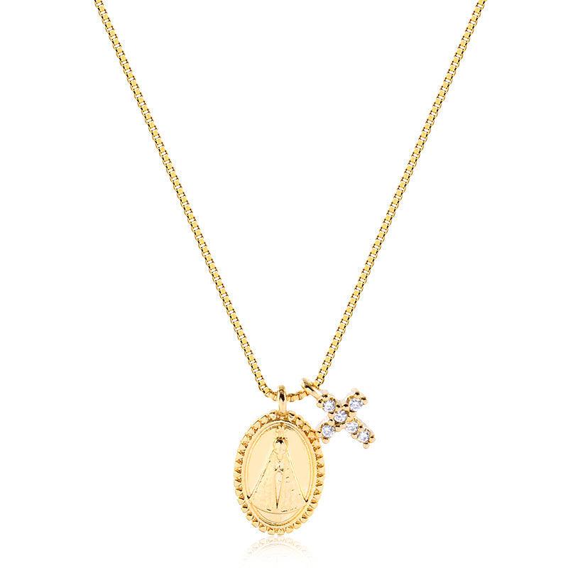 Colar Medalha Oval Nossa Senhora Mini Cruz 45cm - Semijoia - Semijoias Colares - Purer